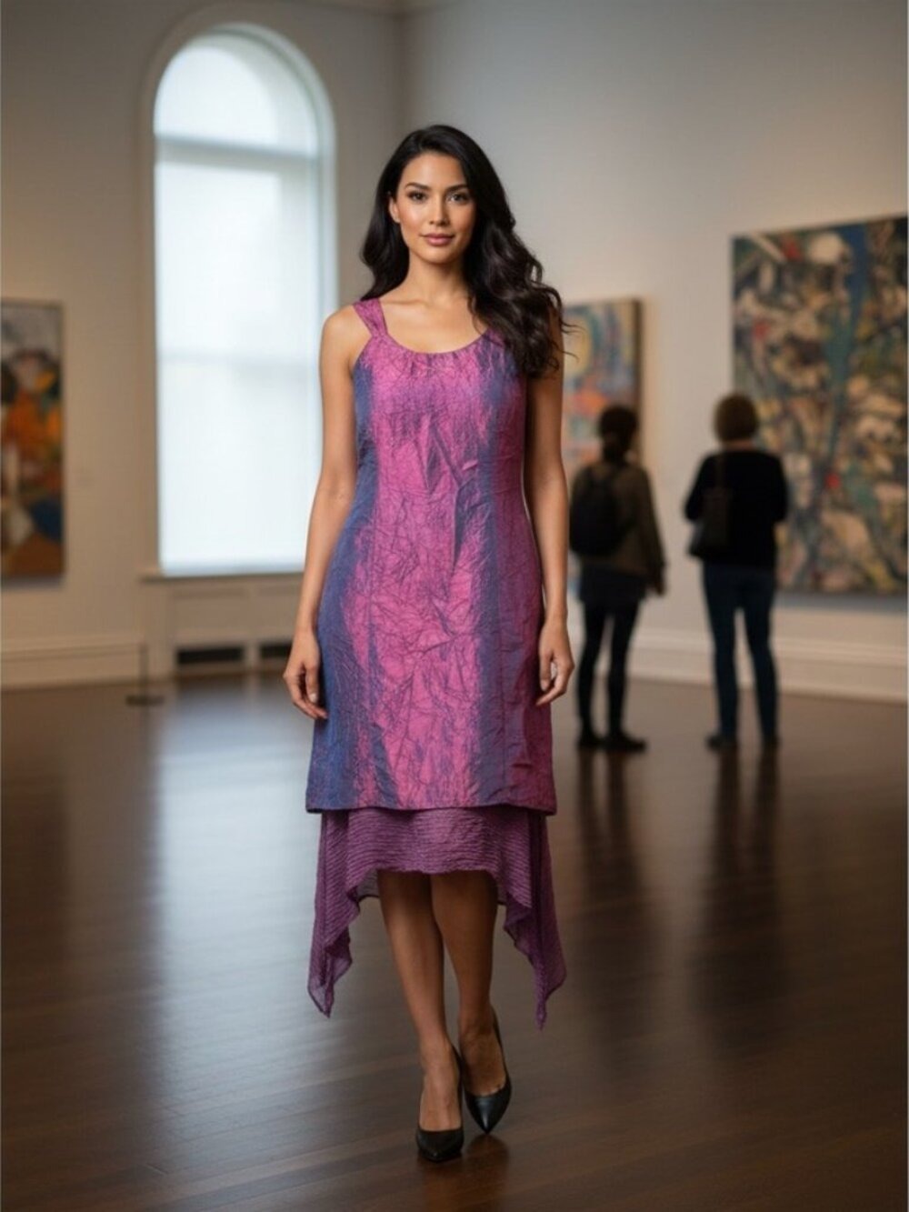 Cheri Milaney 100% Silk Iridescent Pink Sleeveless Asymmetric Hem Dress Size 8